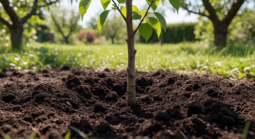 como sembrar albaricoques, Joven árbol de albaricoque recién plantado en suelo fértil