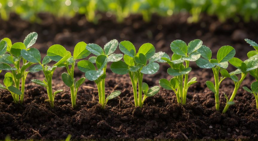 como sembrar alfalfa a mano, Brote joven de alfalfa germinando en el huerto
