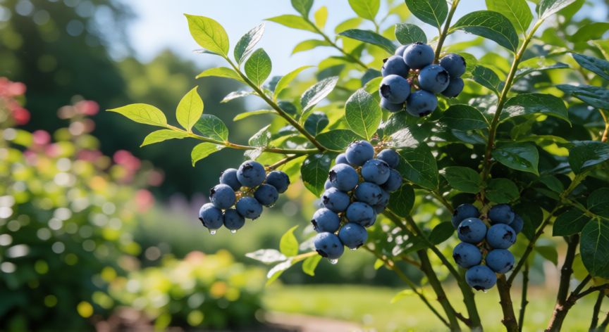 como sembrar arandanos, Arbusto de arándano maduro con bayas azules listas para cosechar