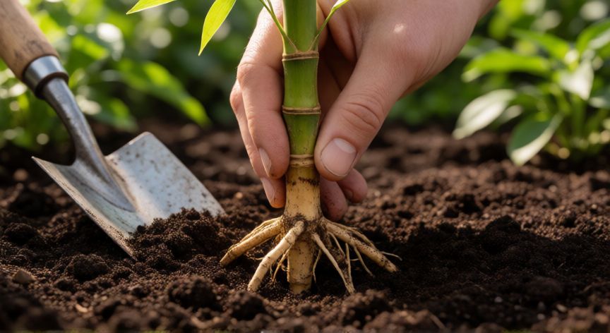 como sembrar bambu, Manos plantando una raicilla de bambú en tierra fértil con una pala de jardín