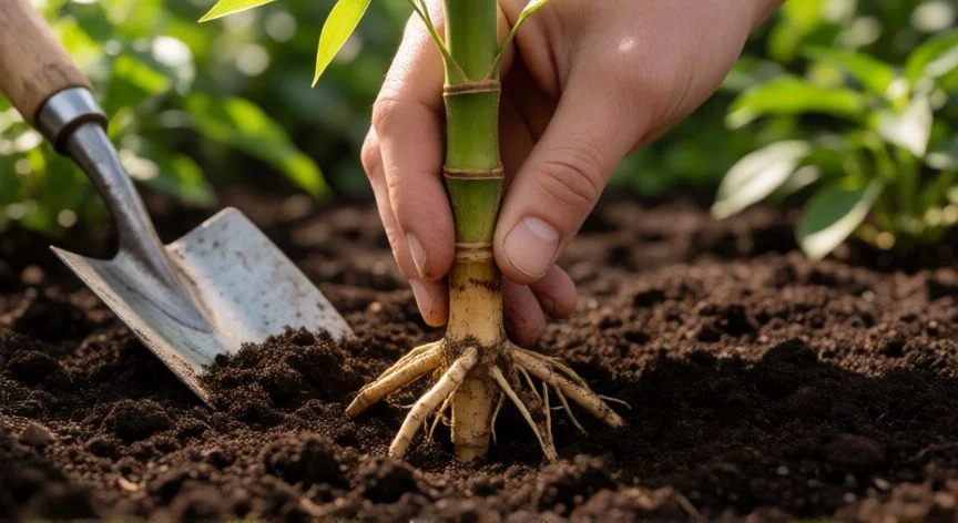 Manos plantando una raicilla de bambú en tierra fértil con una pala de jardín