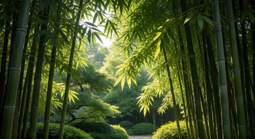 como sembrar bambu, Grove de bambú verde y exuberante en un jardín bien cuidado con luz solar difusa