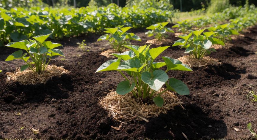 como sembrar batata por esquejes, Jovenes plantas de batata trasplantadas en la huerta con sustrato rico