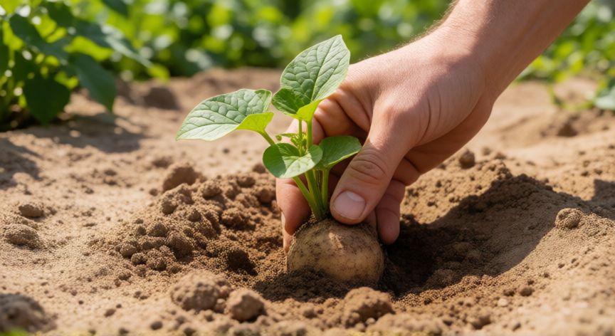 como sembrar batatas, Manos plantando un esqueje de batata en tierra arenosa preparada con compost