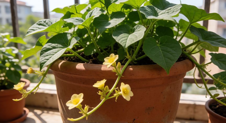 como sembrar boniato en casa, Planta de boniato creciendo en maceta en un balcón soleado