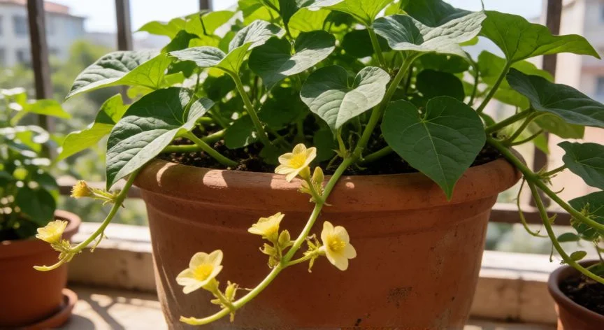 Planta de boniato creciendo en maceta en un balcón soleado