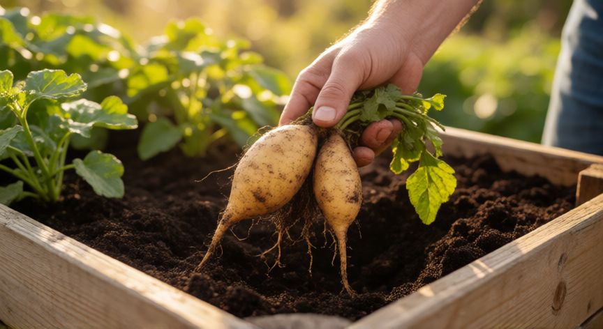 como sembrar boniato en casa, Cosecha de boniatos en un cajón de cultivo elevado