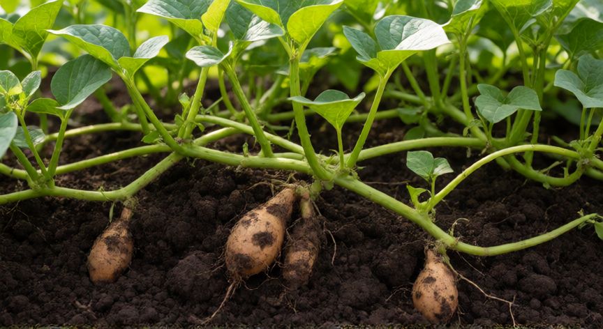 como sembrar boniatos, Planta de boniato creciendo en suelo fértil con tubérculos visibles