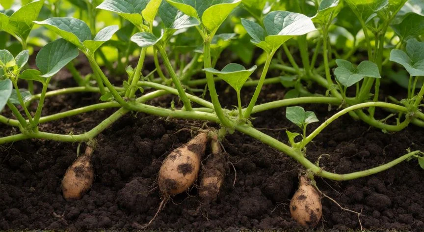 Planta de boniato creciendo en suelo fértil con tubérculos visibles