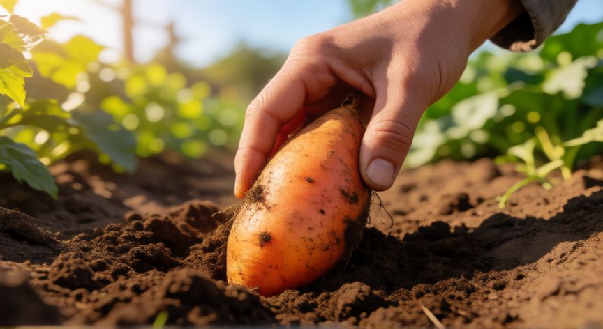 como sembrar boniatos, Mano cosechando un boniato del suelo en un huerto soleado