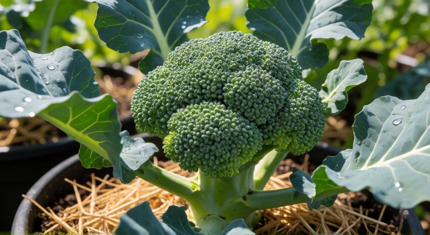 como sembrar brocoli, Planta de brocoli sana en el huerto con riego