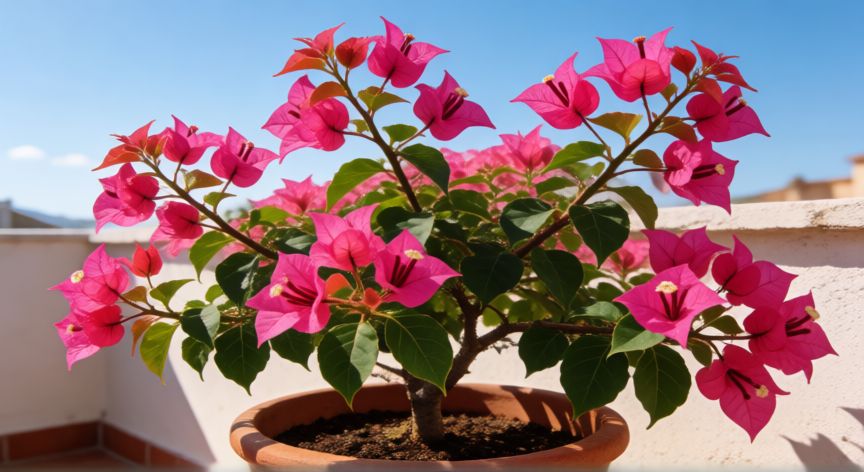 como sembrar buganvilla, Buganvilla rosa en flor creciendo en una maceta de barro bajo el sol