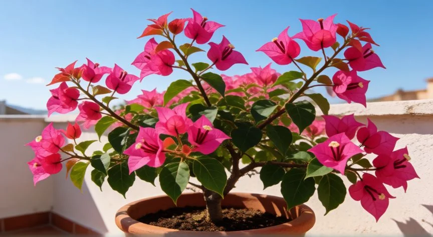 como sembrar buganvilla, Buganvilla en flor trepando por una pérgola de piedra con brácteas magenta