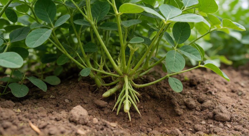 como sembrar cacahuetes, Planta de cacahuate con ginosforios entrando en el suelo húmedo