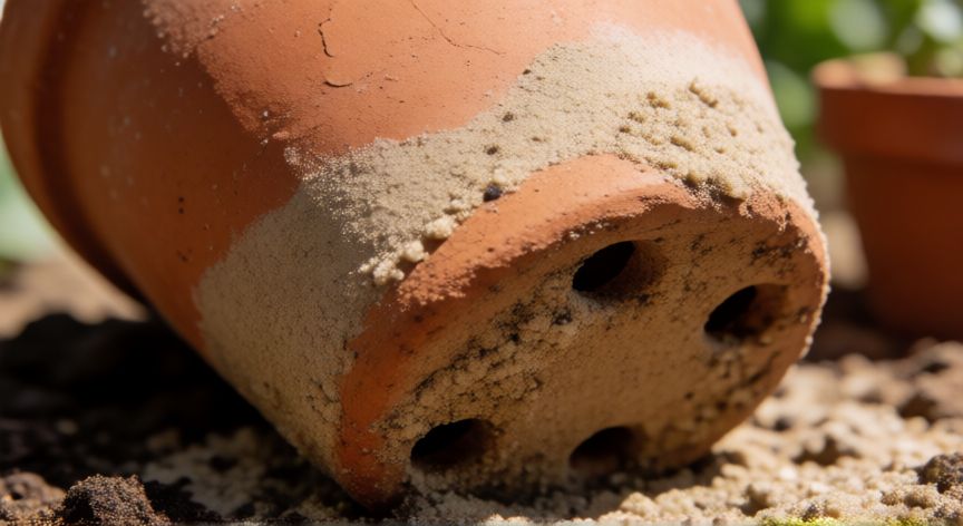 como sembrar cactus, Maceta de barro con agujeros de drenaje y sustrato arenoso para cactus