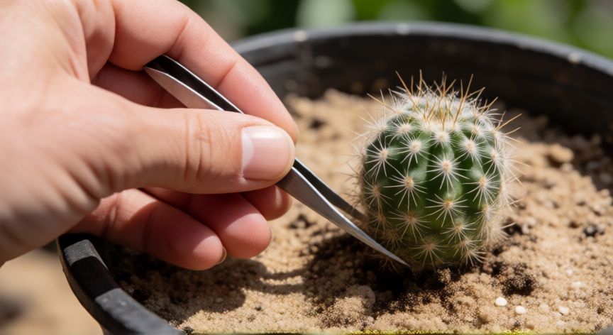 como sembrar cactus, Manos colocando un cactus pequeño en la maceta con pinzas para evitar espinas