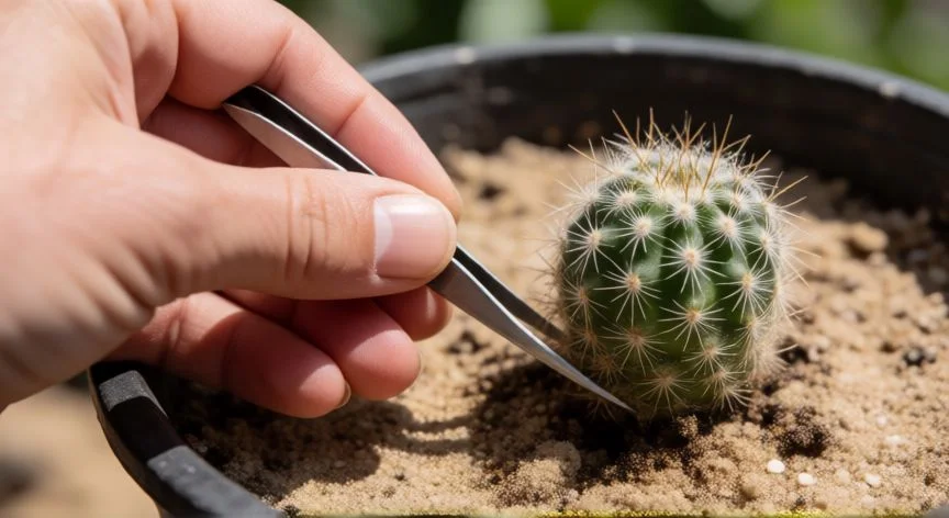 como sembrar cactus, Manos colocando un cactus pequeño en la maceta con pinzas para evitar espinas