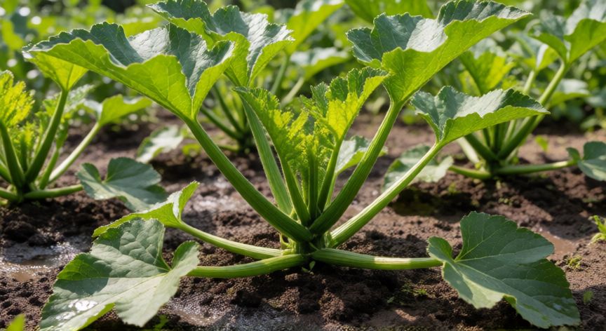 como sembrar calabacines, Plantas jovenes de calabacin en el huerto con tierra humeda