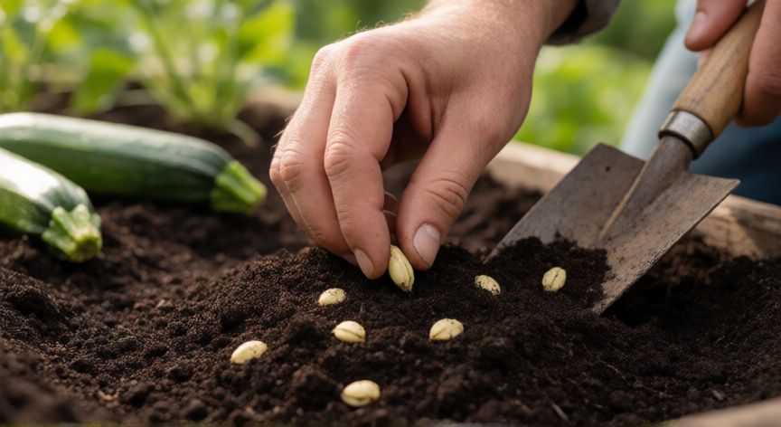 como sembrar calabacines en semilla, Manos sembrando semillas de calabacín en tierra preparada con compost