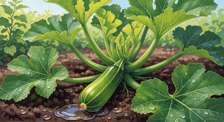 como sembrar calabacines en semilla, Planta de calabacín sana con fruto joven y hojas grandes en el huerto