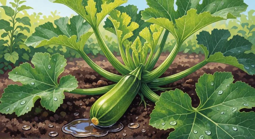 como sembrar calabacines en semilla, Planta de calabacín sana con fruto joven y hojas grandes en el huerto