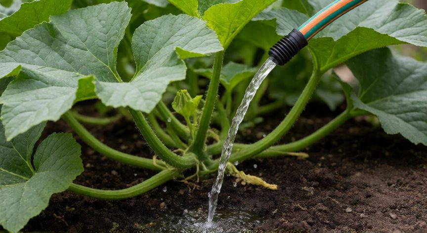 como sembrar calabazas, Sistema de riego por goteo aplicando agua a la base de una planta de calabaza