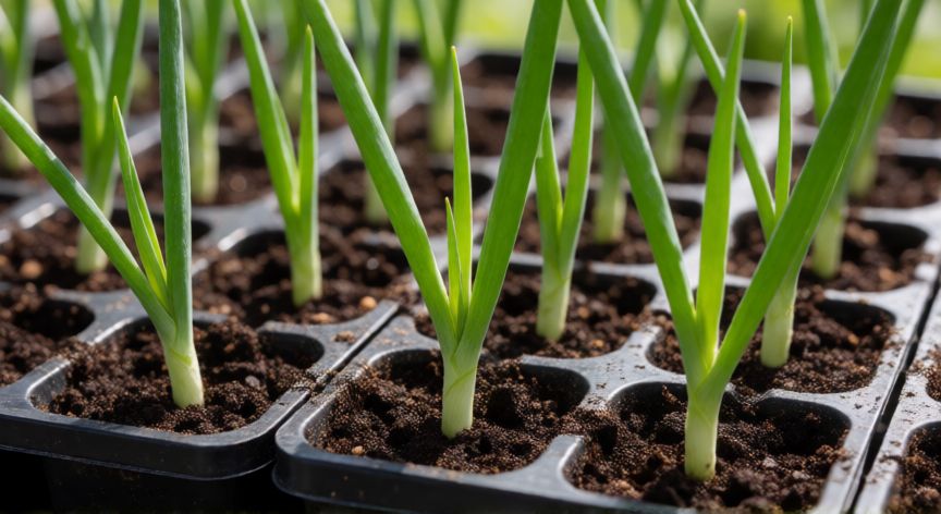 como sembrar cebollas, Plántulas de cebolla en bandejas de germinación con tierra húmeda