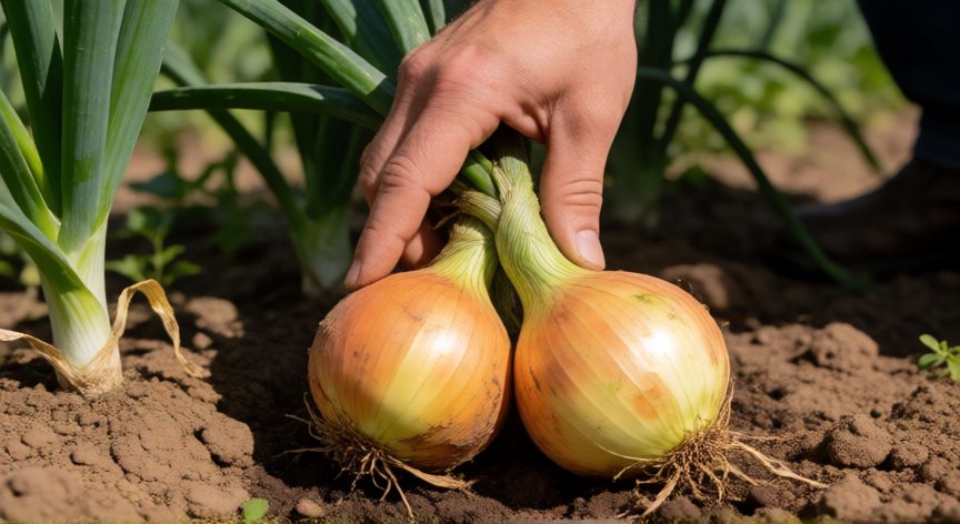 como sembrar cebollas, Manos cosechando cebollas maduras del suelo en un huerto orgánico