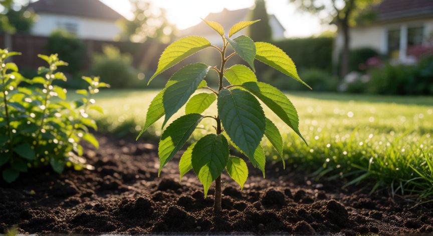como sembrar cerezas, Joven árbol de cerezo plantado en un huerto con suelo rico y luz solar matutina