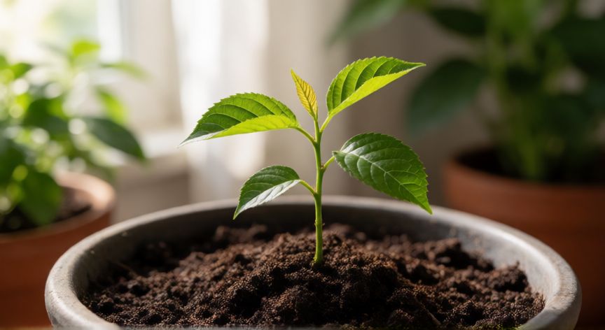 como sembrar cerezas desde la semilla, Plántula joven de cerezo germinando en maceta con sustrato