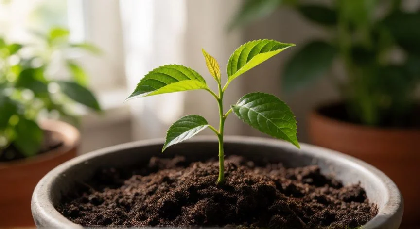 como sembrar cerezas desde la semilla, Plántula joven de cerezo germinando en maceta con sustrato