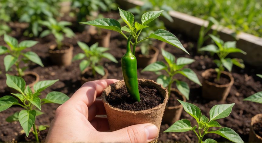 como sembrar chile xcatic, Mano sosteniendo una plántula de chile en maceta biodegradable