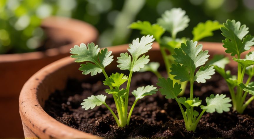 como sembrar cilantro, Jóvenes plantas de cilantro germinando en una maceta de terracota