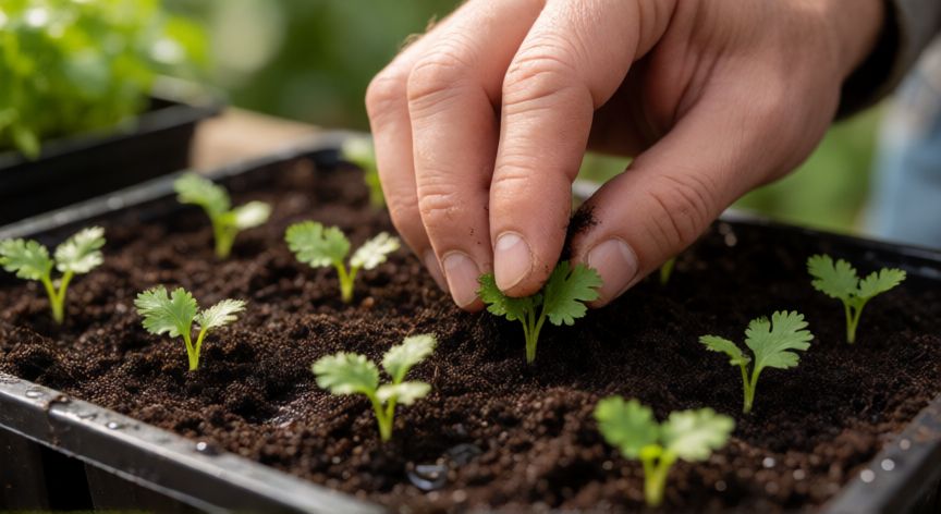 como sembrar cilantro, Manos de un jardinero sembrando semillas de cilantro en bandejas de sustrato húmedo