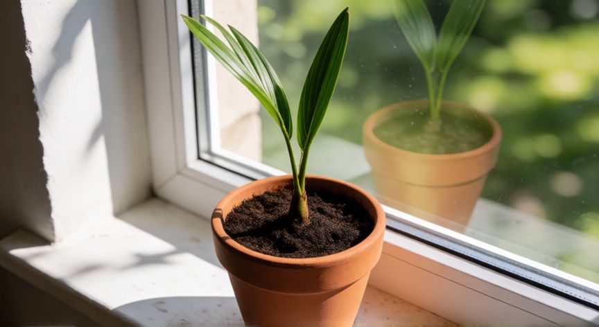 como sembrar dátiles de semilla, Plántula joven de palmera datilera en maceta recibiendo luz solar