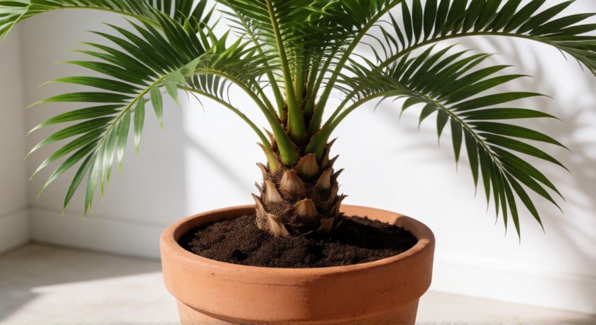 como sembrar datiles en maceta, Palmera de dátiles joven en maceta de barro con sustrato fresco