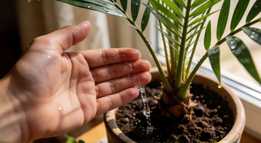 como sembrar datiles en maceta, Manos regando una palmera de dátiles en maceta con luz natural