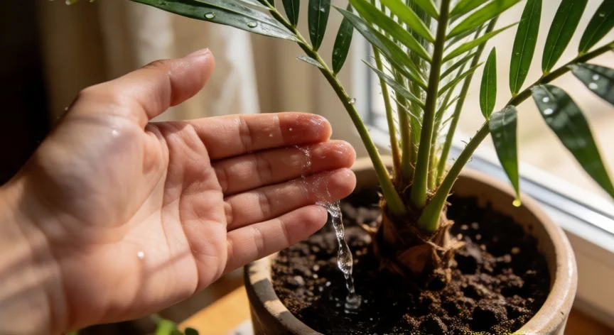 como sembrar datiles en maceta, Pequeña plántula de palmera datilera en maceta junto a ventana soleada
