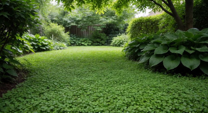 como sembrar dichondra repens, Césped de dichondra repens verde y denso en un jardín con sombra