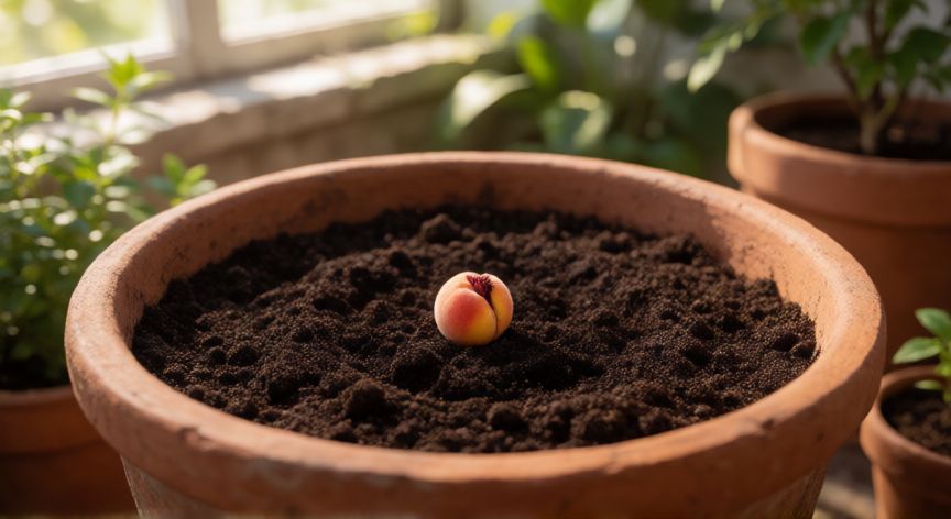 como sembrar durazno en casa, Semilla de durazno plantada en maceta con tierra rica en nutrientes