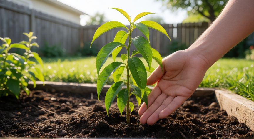 como sembrar durazno en casa, Joven árbol de durazno siendo regado cuidadosamente en el jardín