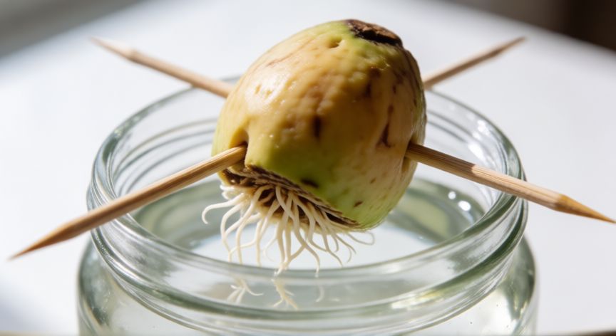 como sembrar el hueso de aguacate, Hueso de aguacate germinando en un vaso de agua con palillos y raíces incipientes