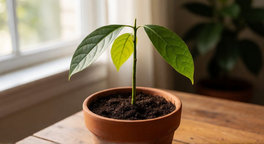 como sembrar el hueso de aguacate, Joven planta de aguacate trasplantada en maceta de barro con hojas verdes