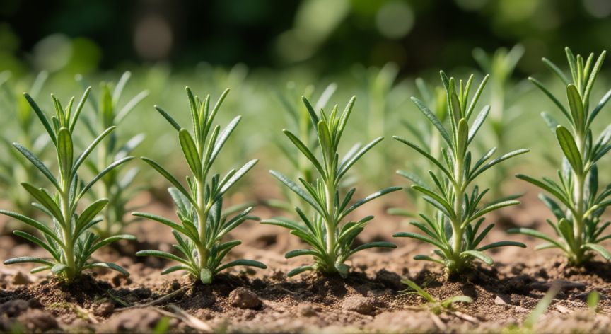 cómo sembrar el romero, Jóvenes brotes de romero germinando en una hileras en el huerto