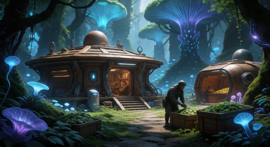 como sembrar en avatar world, Base futurista en Avatar World con recursos agrícolas y plantas brillantes