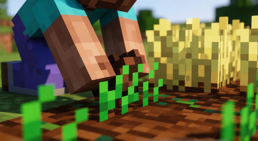 como sembrar en minecraft, Jugador de Minecraft plantando semillas de trigo en tierra arable