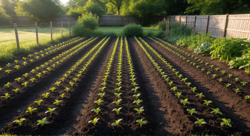 como sembrar en windrose, Parcela de jardín con filas ordenadas de plántulas jóvenes brotando de la tierra oscura.