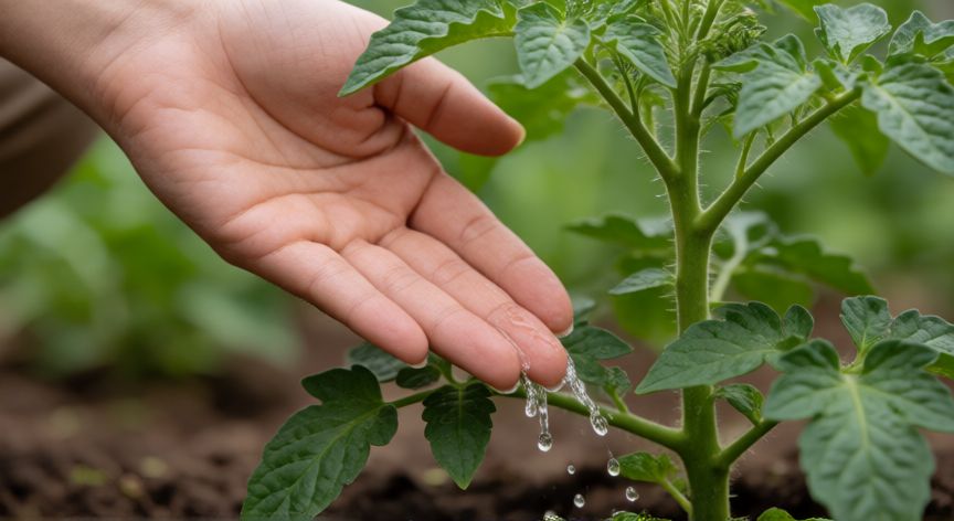 como sembrar en windrose, Mano regando con precisión la base de una planta de tomate saludable en el jardín.