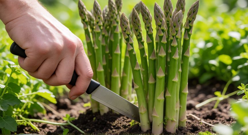 como sembrar esparragos, Cosecha manual de espárragos verdes en un huerto soleado