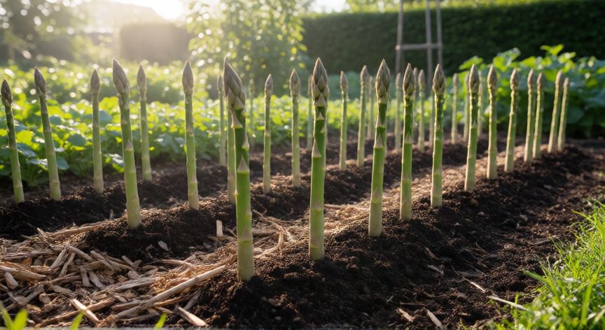 como sembrar espárragos por esquejes, Camas de cultivo con esquejes de espárragos recién plantados mostrando primeros brotes